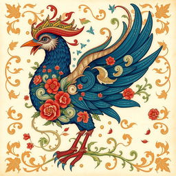 A stunningly detailed depiction of a Simorgh, a mythical bird from Persian folklore, intricately designed with spiral flowers and leaves adorning its feathers