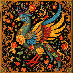 A stunningly detailed depiction of a Simorgh, a mythical bird from Persian folklore, intricately designed with spiral flowers and leaves adorning its feathers