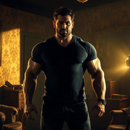 A large muscular man standing confidently in a poorly lit room, surrounded by peeling wallpaper and cluttered furniture