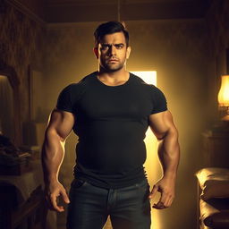 A large muscular man standing confidently in a poorly lit room, surrounded by peeling wallpaper and cluttered furniture