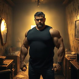 A large muscular man standing confidently in a poorly lit room, surrounded by peeling wallpaper and cluttered furniture