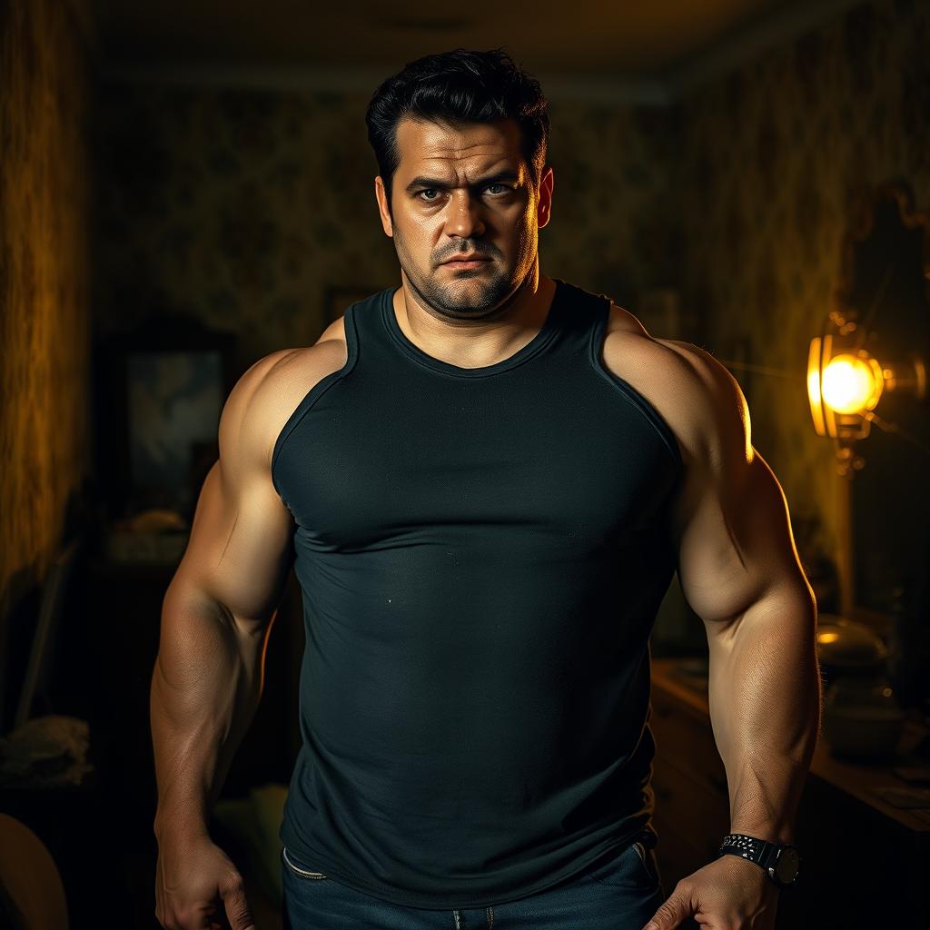 A large muscular man standing confidently in a poorly lit room, surrounded by peeling wallpaper and cluttered furniture