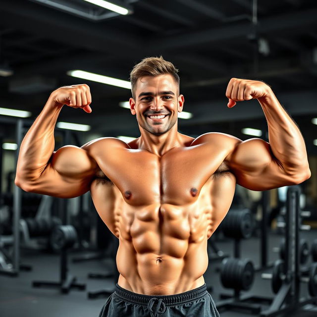 A dynamic profile photo for an Instagram page dedicated to bodybuilding, featuring a muscular, confident athlete showcasing their powerful physique