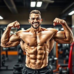 A dynamic profile photo for an Instagram page dedicated to bodybuilding, featuring a muscular, confident athlete showcasing their powerful physique