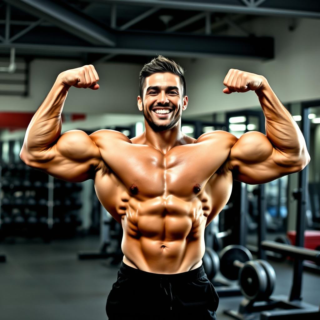 A dynamic profile photo for an Instagram page dedicated to bodybuilding, featuring a muscular, confident athlete showcasing their powerful physique