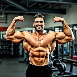 A dynamic profile photo for an Instagram page dedicated to bodybuilding, featuring a muscular, confident athlete showcasing their powerful physique