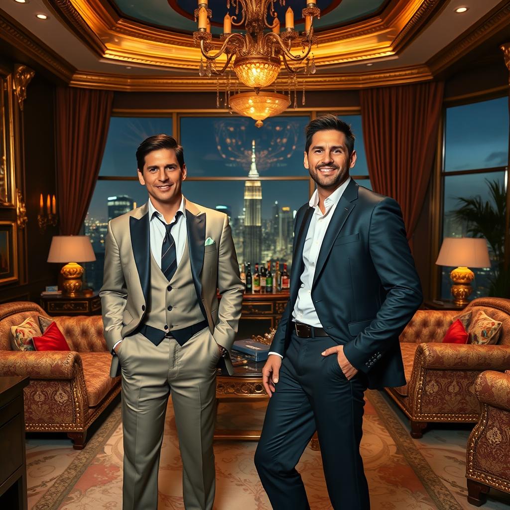 A dramatic scene set in a luxurious mansion, featuring Tony Montana, wearing a stylish suit, standing confidently with his signature posture