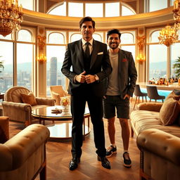 A dramatic scene set in a luxurious mansion, featuring Tony Montana, wearing a stylish suit, standing confidently with his signature posture