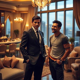 A dramatic scene set in a luxurious mansion, featuring Tony Montana, wearing a stylish suit, standing confidently with his signature posture
