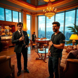 A dramatic scene set in a luxurious mansion, featuring Tony Montana, wearing a stylish suit, standing confidently with his signature posture