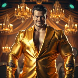 A robust, muscular man with a confident expression, dressed in a luxurious, shining gold suit