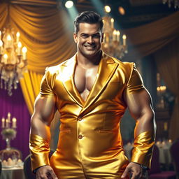 A robust, muscular man with a confident expression, dressed in a luxurious, shining gold suit