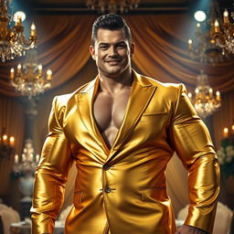 A robust, muscular man with a confident expression, dressed in a luxurious, shining gold suit