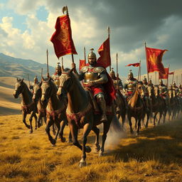 A historical scene depicting Commander Surena leading 10,000 heavily armored cavalry soldiers from the Parthian Empire