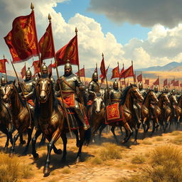A historical scene depicting Commander Surena leading 10,000 heavily armored cavalry soldiers from the Parthian Empire