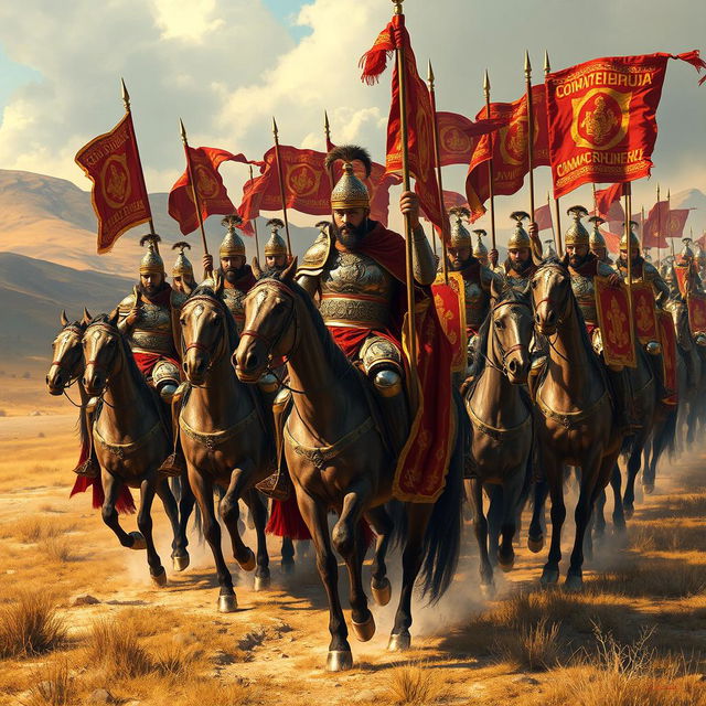 A historical scene depicting Commander Surena leading 10,000 heavily armored cavalry soldiers from the Parthian Empire