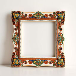 A beautifully detailed empty ceramic tile frame, showcasing exquisite tile work with intricate patterns and vibrant colors