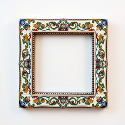 A beautifully detailed empty ceramic tile frame, showcasing exquisite tile work with intricate patterns and vibrant colors
