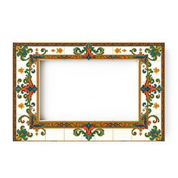 A beautifully detailed empty ceramic tile frame, showcasing exquisite tile work with intricate patterns and vibrant colors