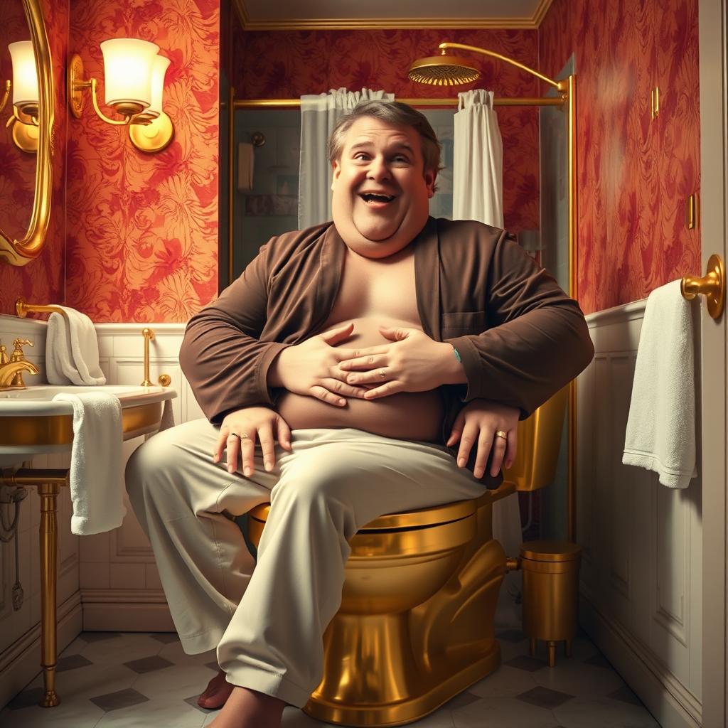 A humorous depiction of a large man sitting on a toilet made of gold, with a playful and exaggerated expression