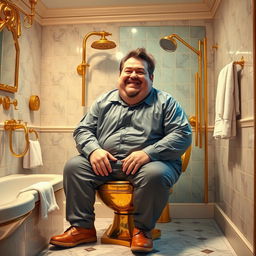 A humorous depiction of a large man sitting on a toilet made of gold, with a playful and exaggerated expression