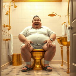 A humorous depiction of a large man sitting on a toilet made of gold, with a playful and exaggerated expression