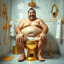 A humorous depiction of a large man sitting on a toilet made of gold, with a playful and exaggerated expression