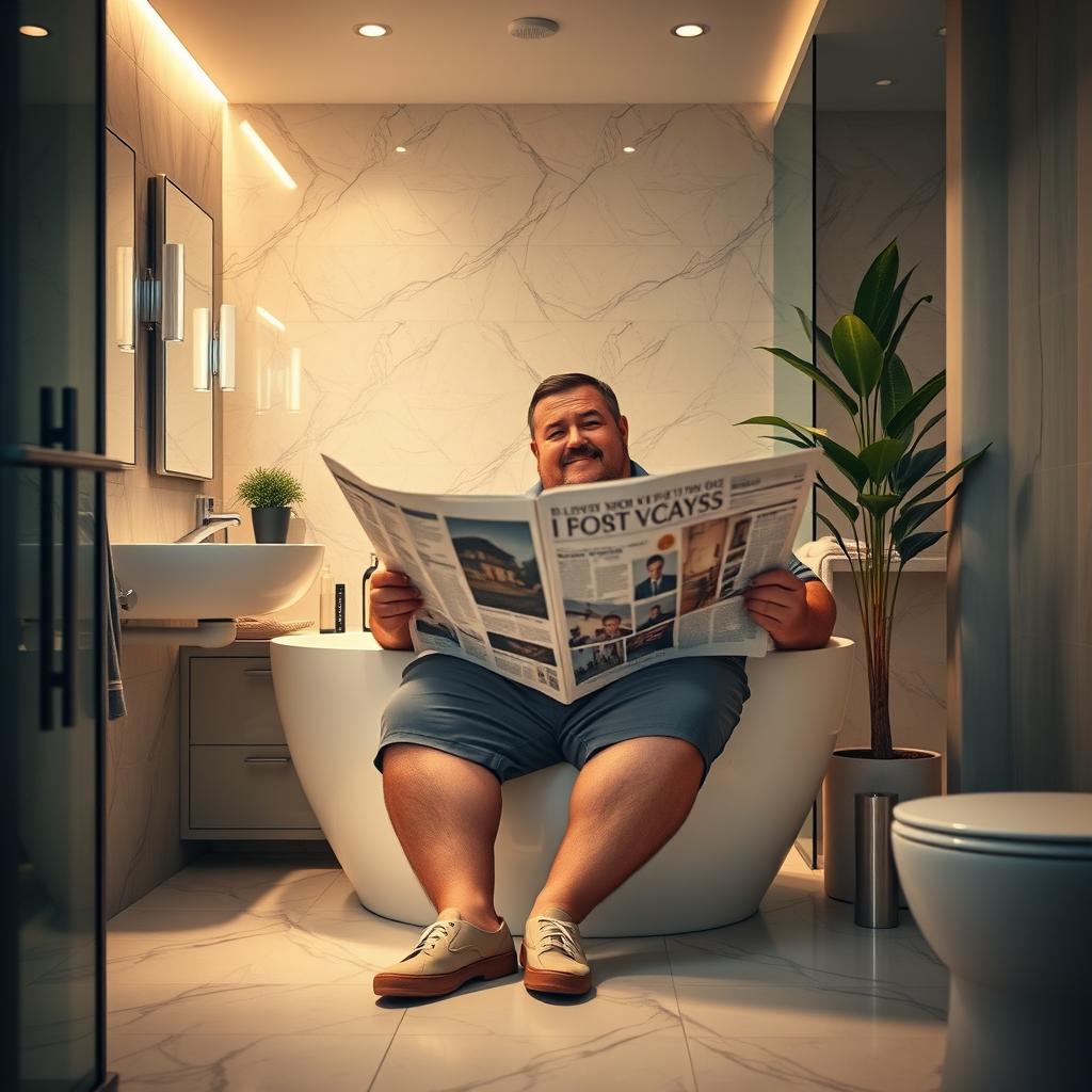 A large man sitting comfortably in a stylish modern bathroom, emphasizing his size yet showcasing a relaxed demeanor