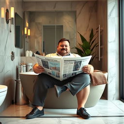 A large man sitting comfortably in a stylish modern bathroom, emphasizing his size yet showcasing a relaxed demeanor