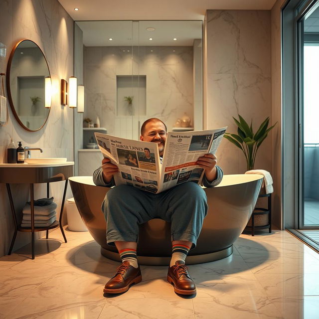 A large man sitting comfortably in a stylish modern bathroom, emphasizing his size yet showcasing a relaxed demeanor