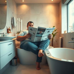 A large man sitting comfortably in a stylish modern bathroom, emphasizing his size yet showcasing a relaxed demeanor