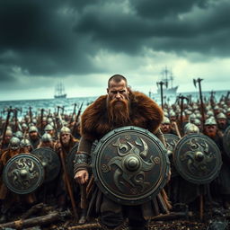 A dramatic scene showcasing Ragnar leading an army of 10,000 fierce Viking warriors
