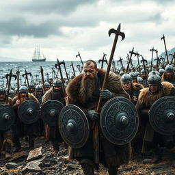 A dramatic scene showcasing Ragnar leading an army of 10,000 fierce Viking warriors