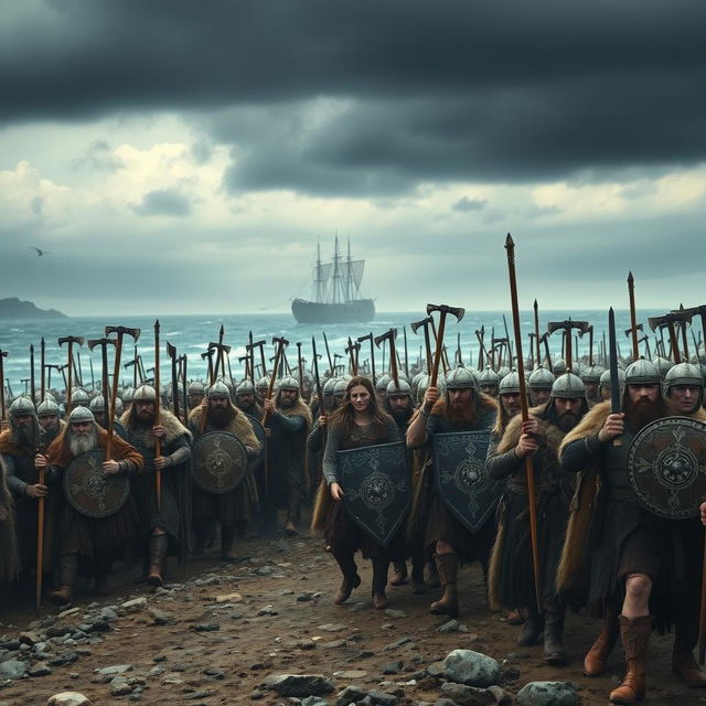 A dramatic scene showcasing Ragnar leading an army of 10,000 fierce Viking warriors