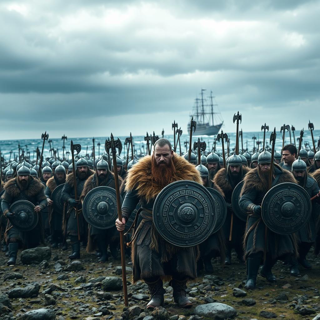 A dramatic scene showcasing Ragnar leading an army of 10,000 fierce Viking warriors