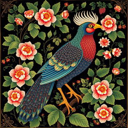 A magnificent Simorgh portrayed in traditional Persian miniature painting style, surrounded by intricate and vibrant Khatayi flowers and lush green leaves