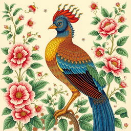 A magnificent Simorgh portrayed in traditional Persian miniature painting style, surrounded by intricate and vibrant Khatayi flowers and lush green leaves