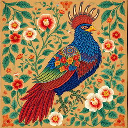 A stunning Simorgh depicted in traditional Persian miniature painting, adorned with vibrant Khatayi flowers and lush foliage