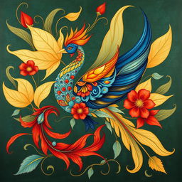 An elegant Simorgh depicted in a contemporary interpretation of Iranian painting, incorporating a unique twist on traditional Khatayi design elements
