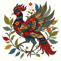 An elegant Simorgh depicted in a contemporary interpretation of Iranian painting, incorporating a unique twist on traditional Khatayi design elements