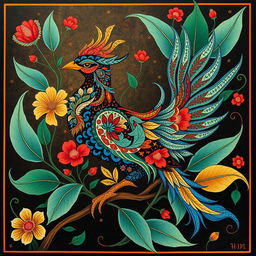 An elegant Simorgh depicted in a contemporary interpretation of Iranian painting, incorporating a unique twist on traditional Khatayi design elements