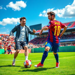 A whimsical scene depicting Elon Musk and Lionel Messi playing soccer together on a vibrant green field