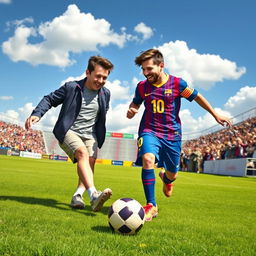 A whimsical scene depicting Elon Musk and Lionel Messi playing soccer together on a vibrant green field