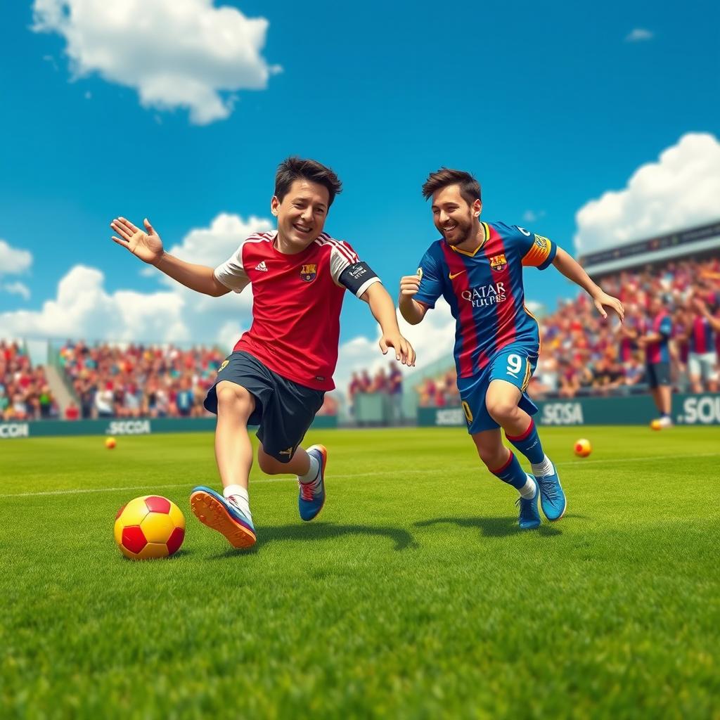 A whimsical scene depicting Elon Musk and Lionel Messi playing soccer together on a vibrant green field