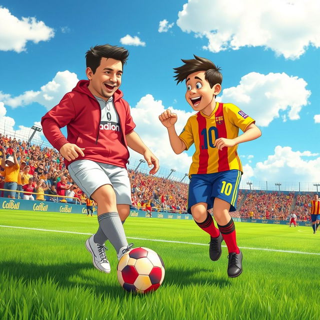 A whimsical scene depicting Elon Musk and Lionel Messi playing soccer together on a vibrant green field