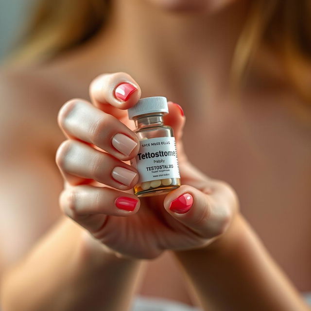 A close-up image of a girl's hand delicately holding a small bottle of testosterone pills