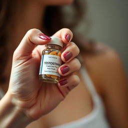 A close-up image of a girl's hand delicately holding a small bottle of testosterone pills