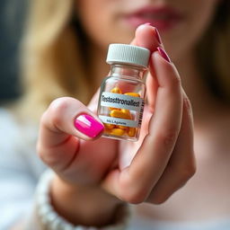 A close-up image of a girl's hand delicately holding a small bottle of testosterone pills