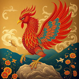 A stunning portrayal of the mythical Simorgh, a grand and colorful creature from Persian mythology, depicted in the style of traditional Iranian painting infused with elements of Khata design