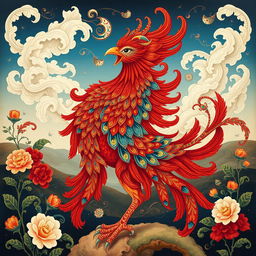 A stunning portrayal of the mythical Simorgh, a grand and colorful creature from Persian mythology, depicted in the style of traditional Iranian painting infused with elements of Khata design